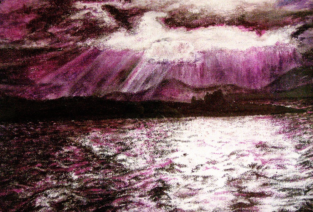 Breakthrough - drawing of Scottish Isles, oil pastel on canvas